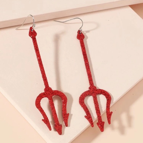 😈 Large Demon Devil Trident Pitchfork Glitter Earrings 😈 - Picture 1 of 5